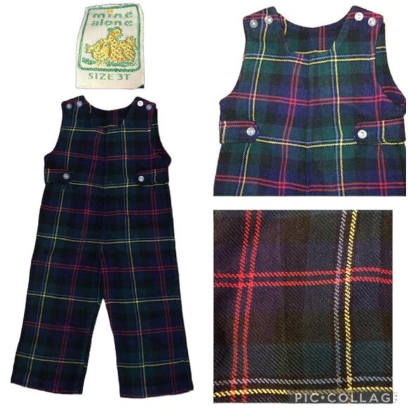 Vintage Mine Alone plaid overalls, longalls, navy, red and green 3T - Picture 1 of 12